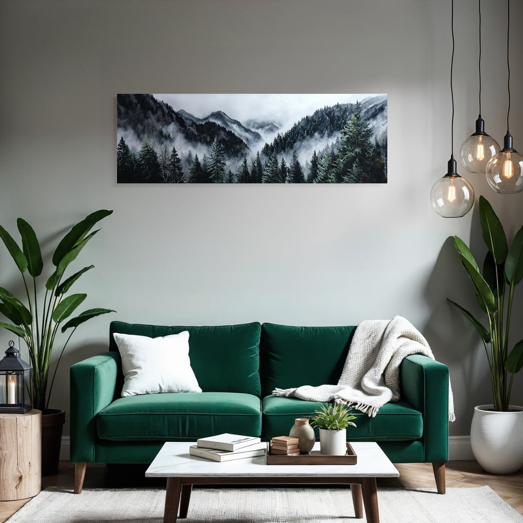Mystical mountain landscape in fog with dense coniferous forests