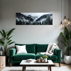 Mystical mountain landscape in fog with dense coniferous forests