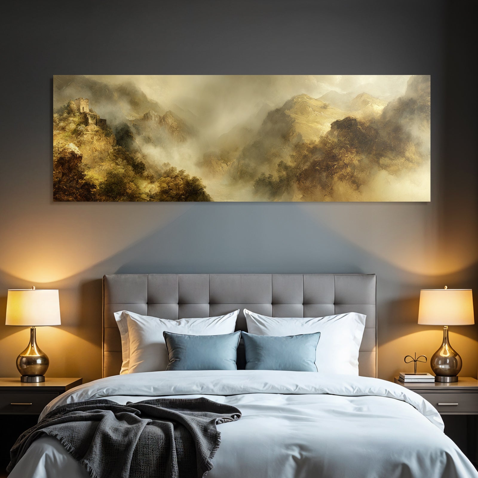 Mystische Berglandschaft Mit Burgruine Im Nebel