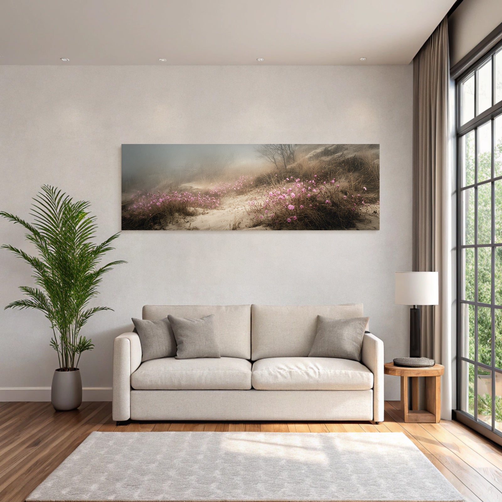 Nebelige Landschaft Mit Rosa Blumen Am Ufer