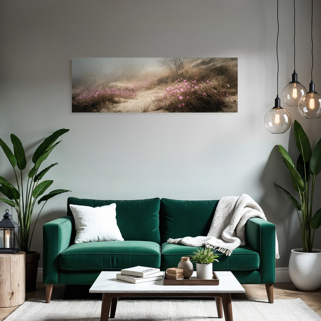 Nebelige Landschaft Mit Rosa Blumen Am Ufer