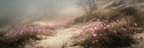 Nebelige Landschaft Mit Rosa Blumen Am Ufer | Nebel und Wetter | Natur