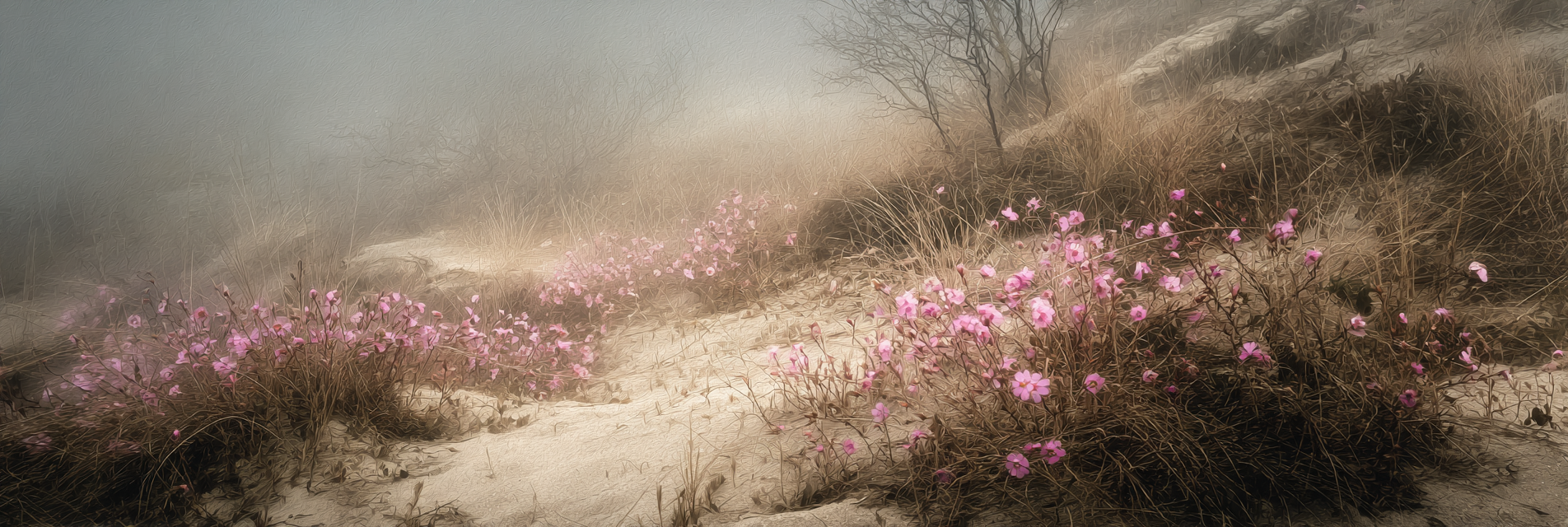 Nebelige Landschaft Mit Rosa Blumen Am Ufer | Nebel und Wetter | Natur
