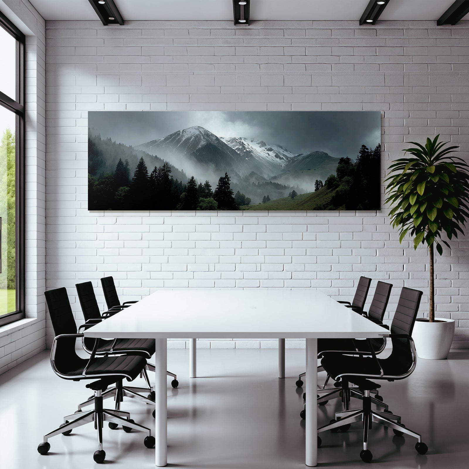 Nebelige Berglandschaft Mit Schneebedeckten Gipfeln Und Dichtem Wald
