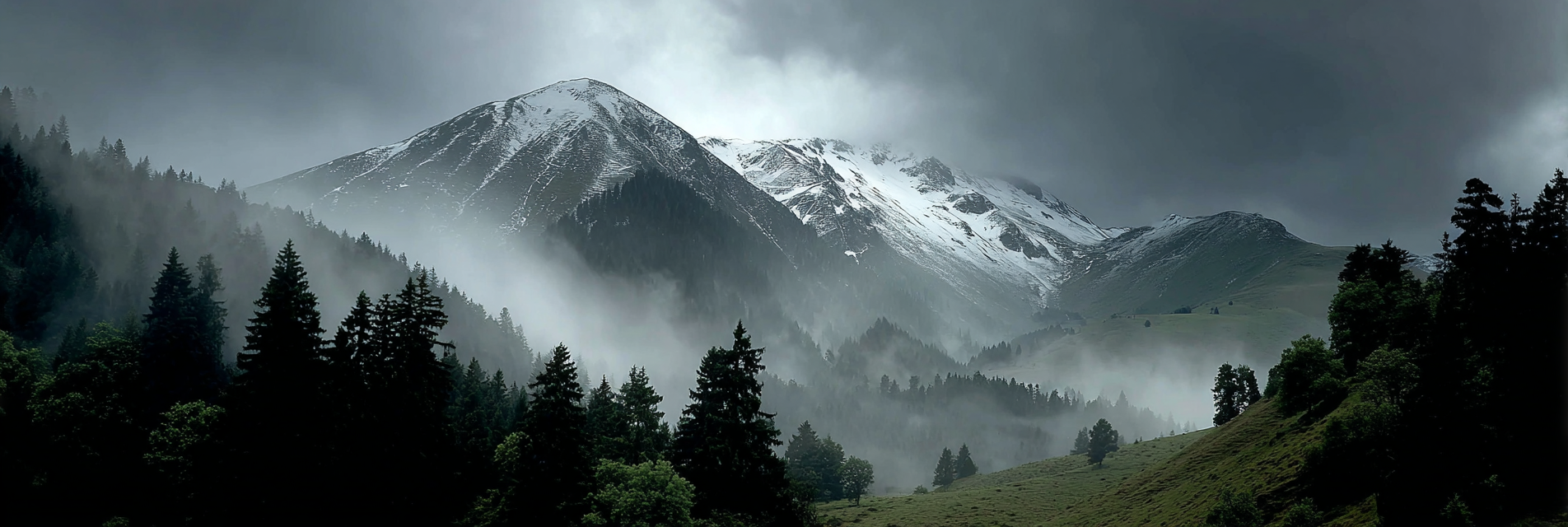 Nebelige Berglandschaft Mit Schneebedeckten Gipfeln Und Dichtem Wald | Nebel und Wetter | Natur