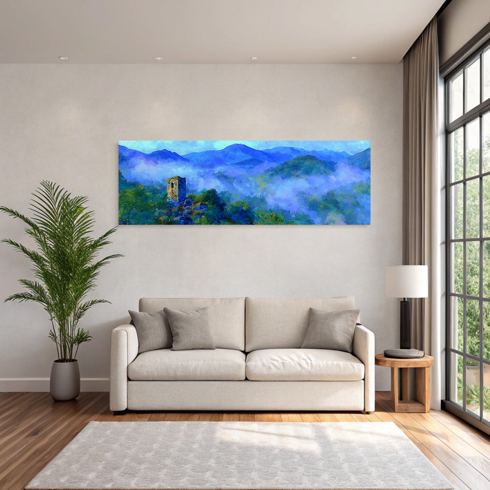 Nebelige Berglandschaft Mit Steinturm