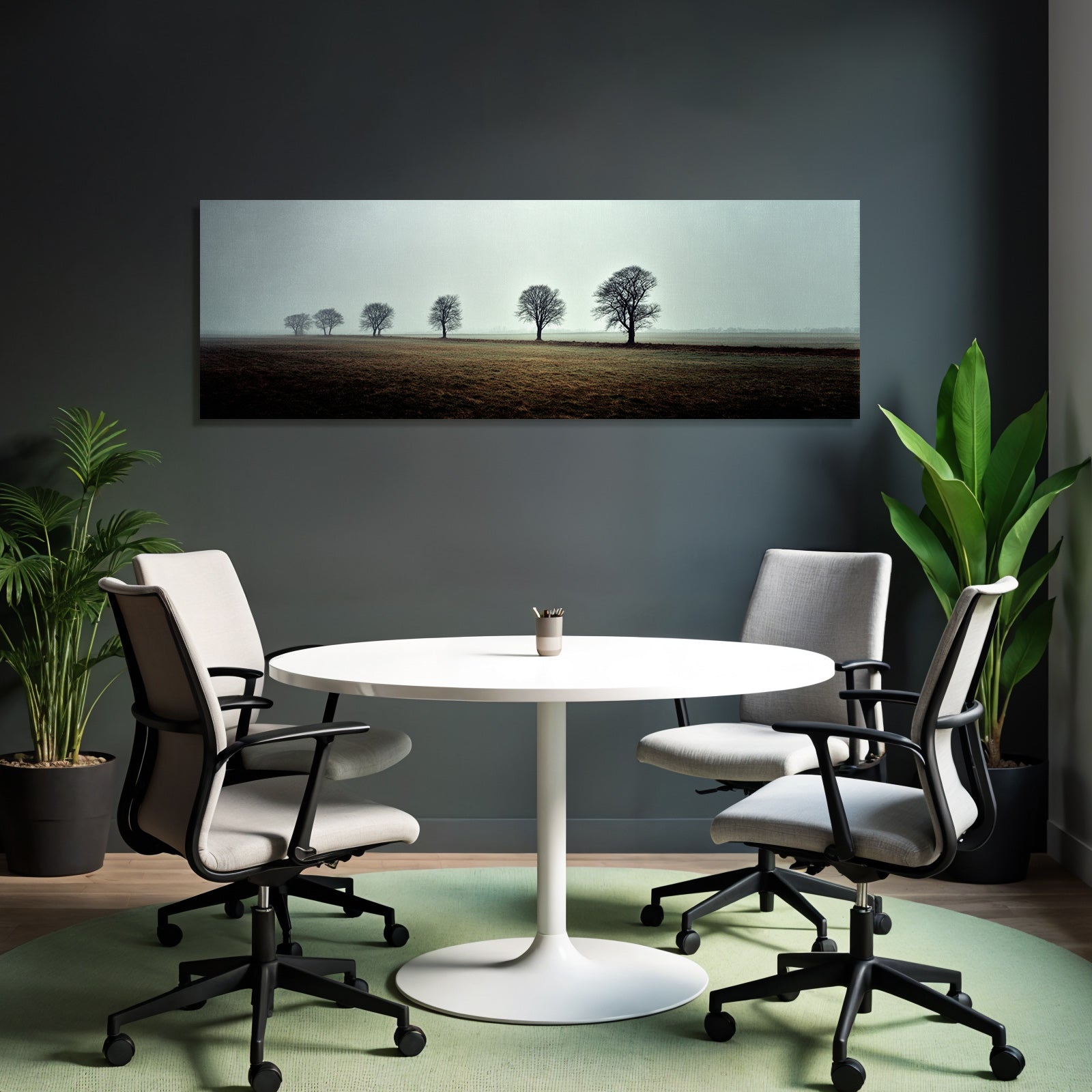 Neblige Landschaft Mit Baumreihe Und Feld