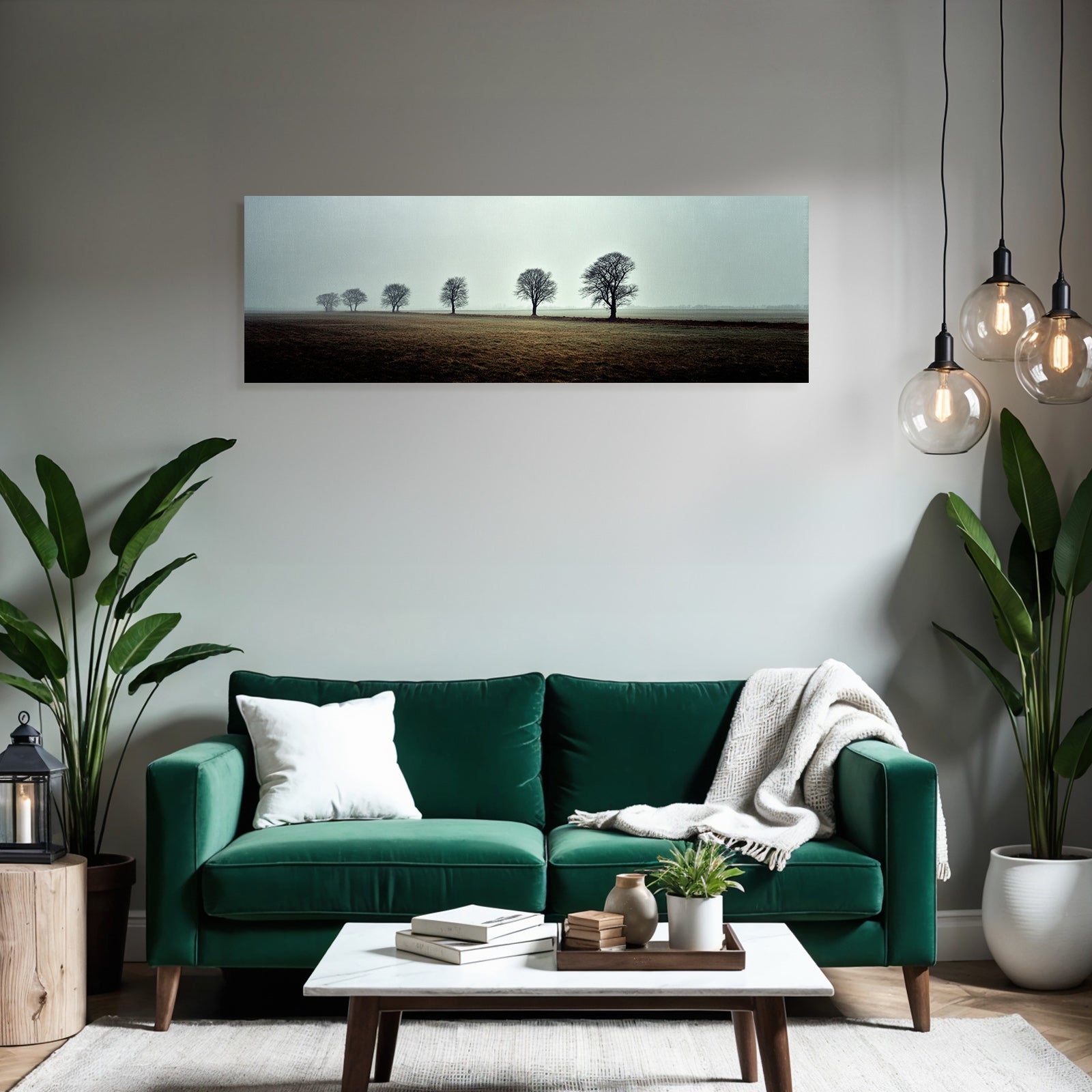 Neblige Landschaft Mit Baumreihe Und Feld