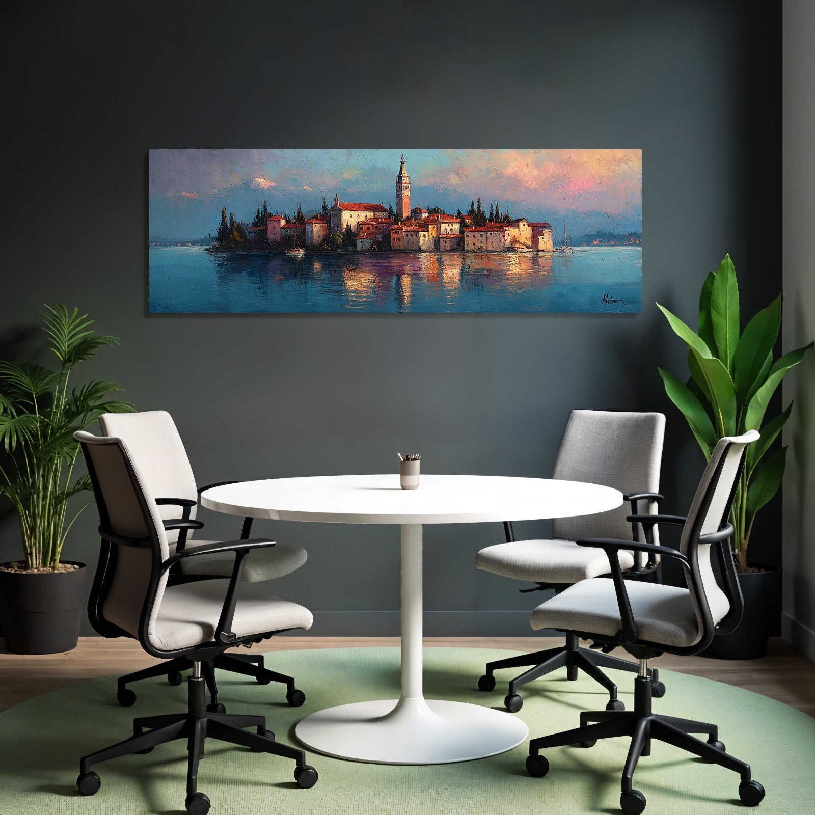 Ruhige Uferlandschaft Mit Inseldorf Uhrturm Und Bäumen Im Pastellhimmel