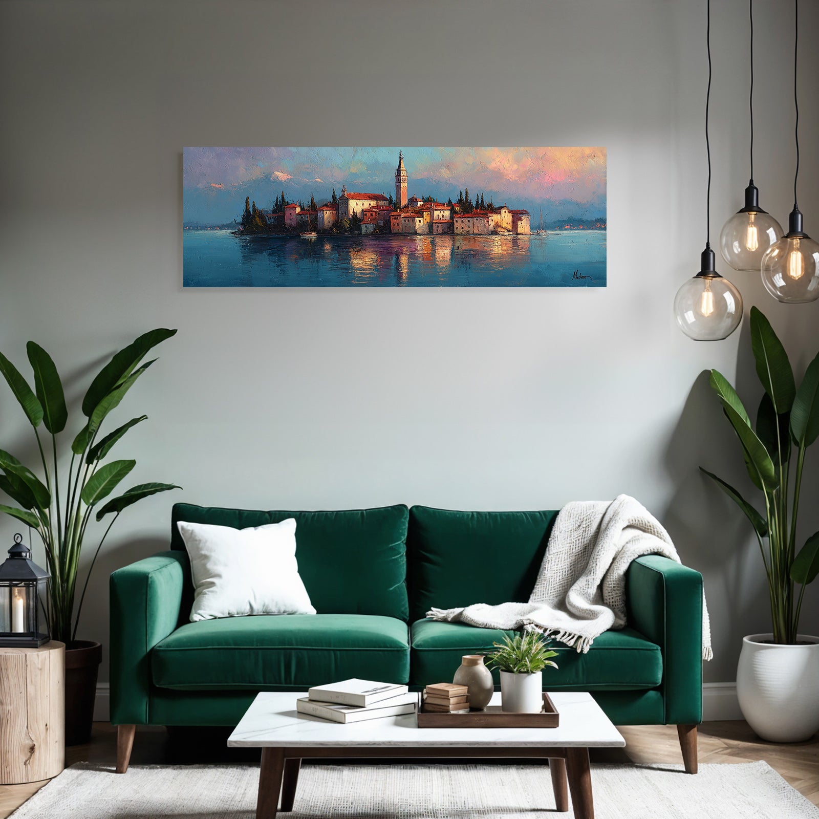 Ruhige Uferlandschaft Mit Inseldorf Uhrturm Und Bäumen Im Pastellhimmel