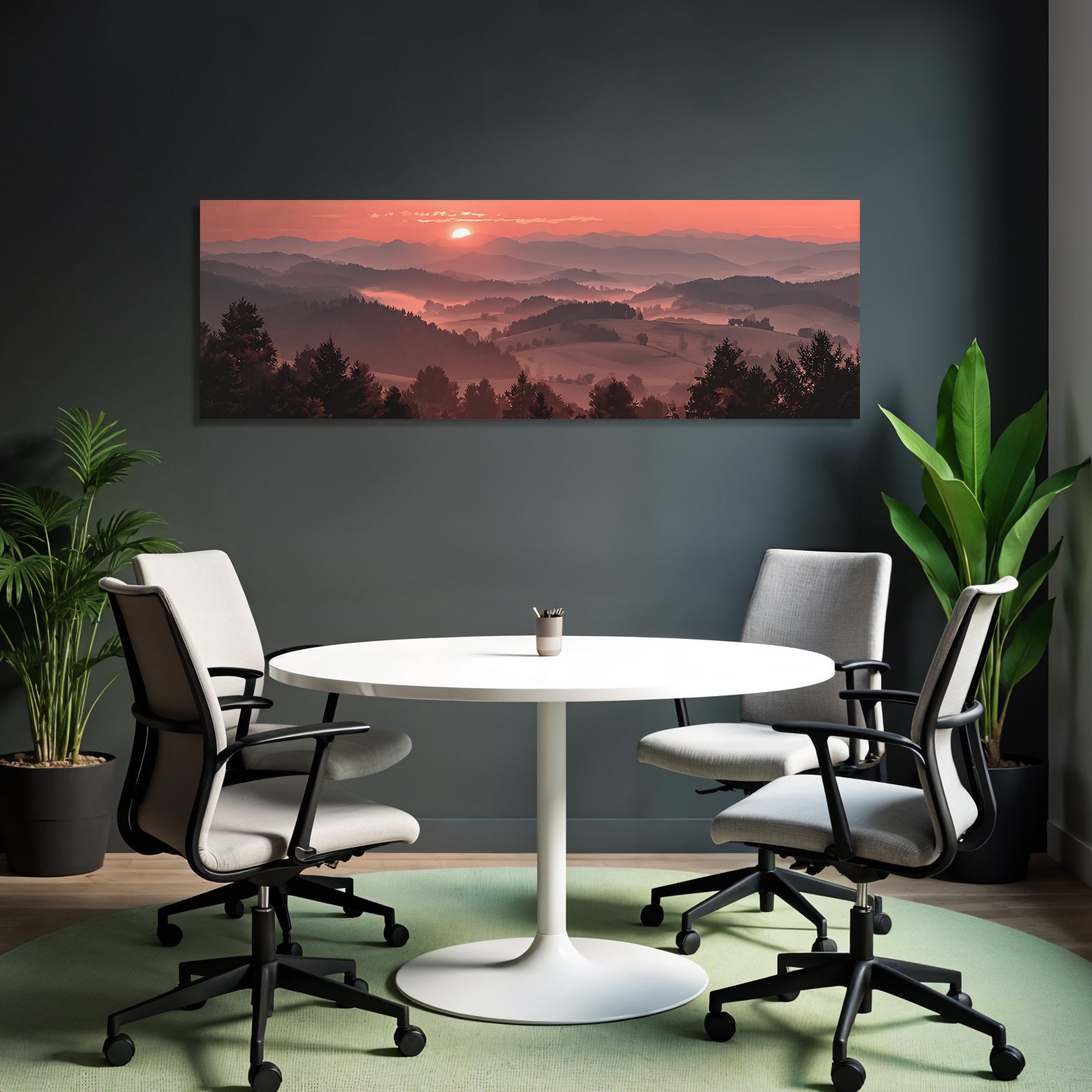 Sonnenaufgang Über Hügellandschaft Mit Bäumen