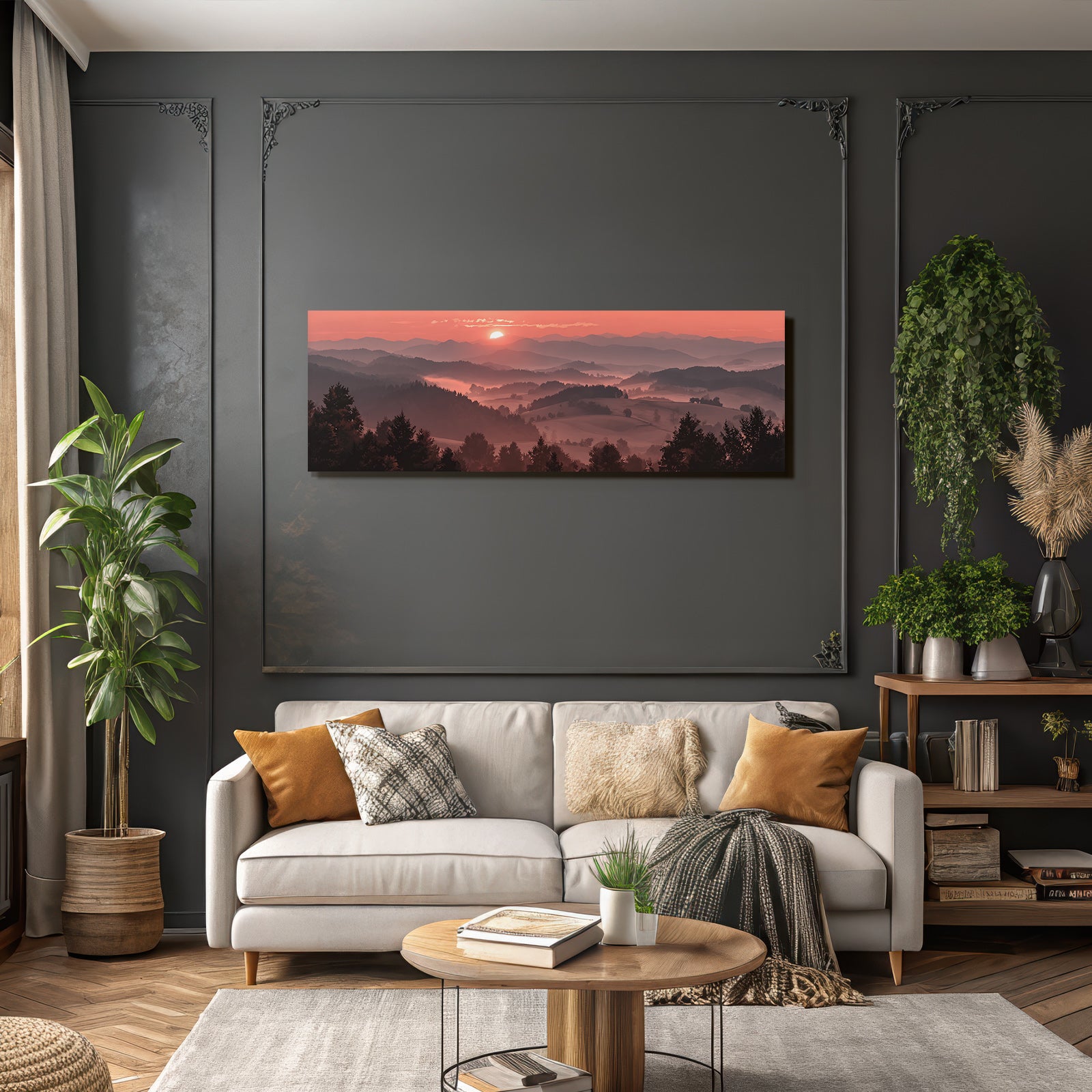 Sonnenaufgang Über Hügellandschaft Mit Bäumen