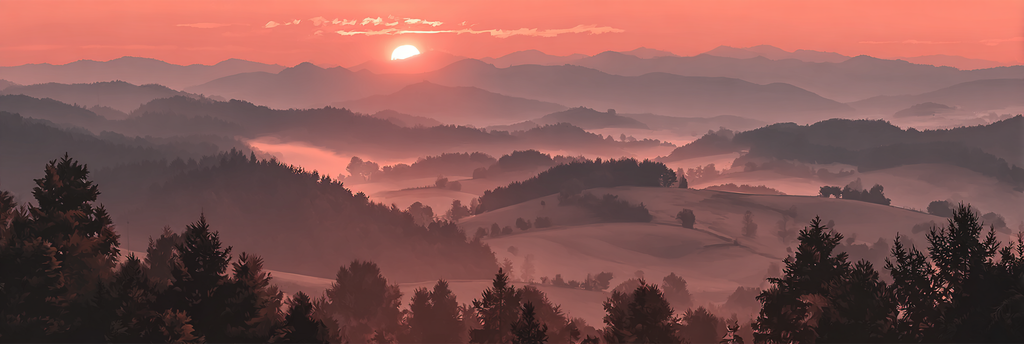 Sonnenaufgang Über Hügellandschaft Mit Bäumen | Nebel und Wetter | Natur