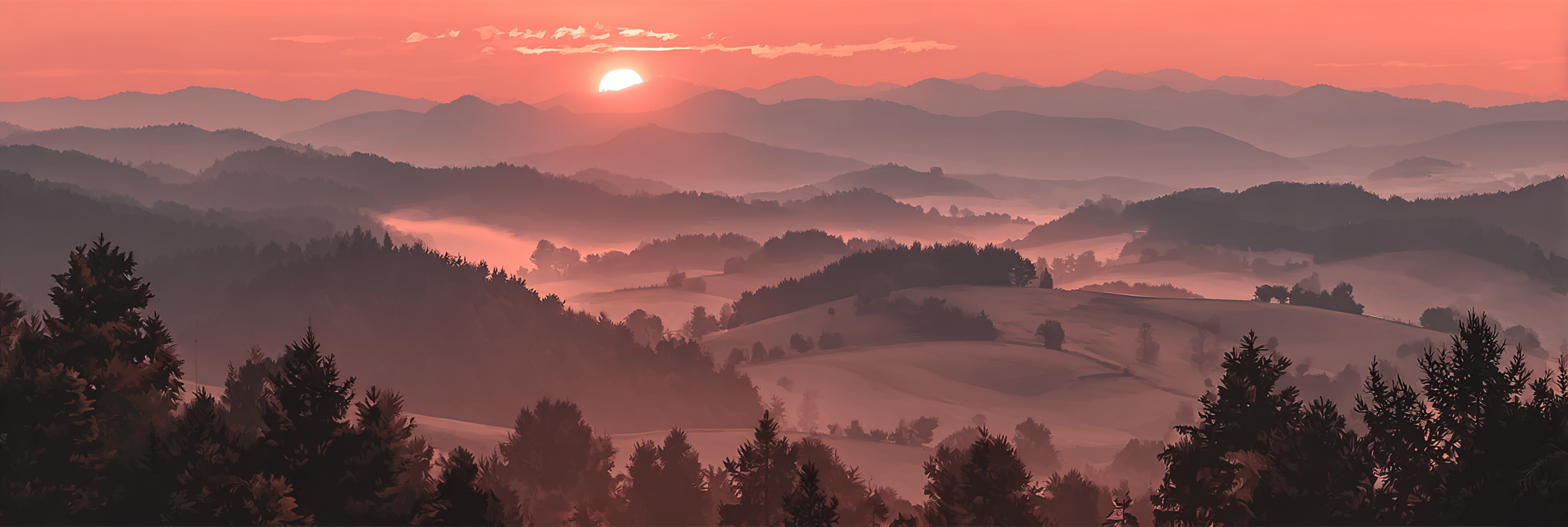Sonnenaufgang Über Hügellandschaft Mit Bäumen | Nebel und Wetter | Natur
