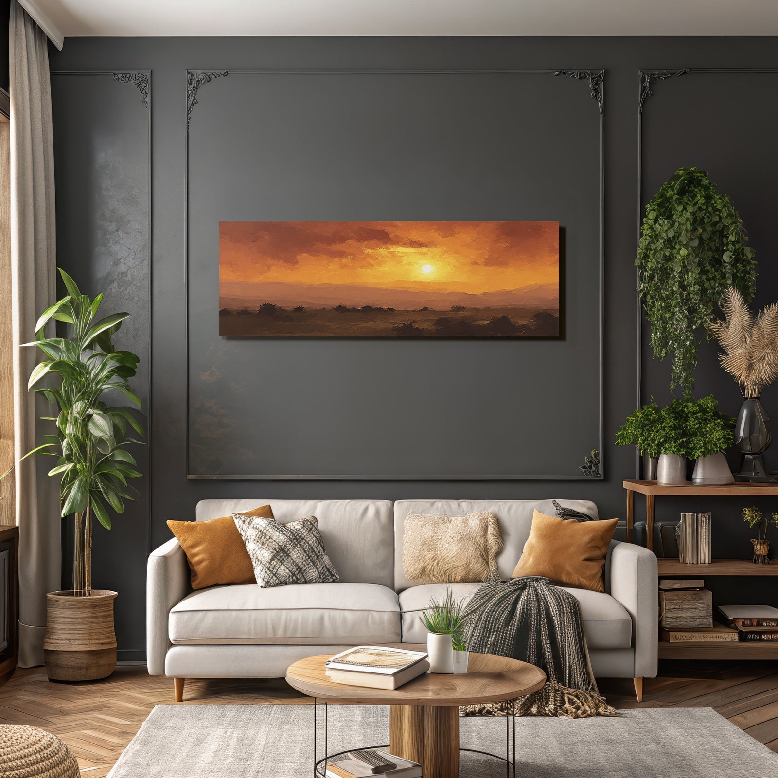 Sonnenuntergangslandschaft Mit Rollenden Hügeln Und Silhoütten