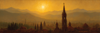 Stadtansicht Mit Kuppeln Spitztürmen Und Bergen Im Sonnenuntergang | Nebel und Wetter | Natur