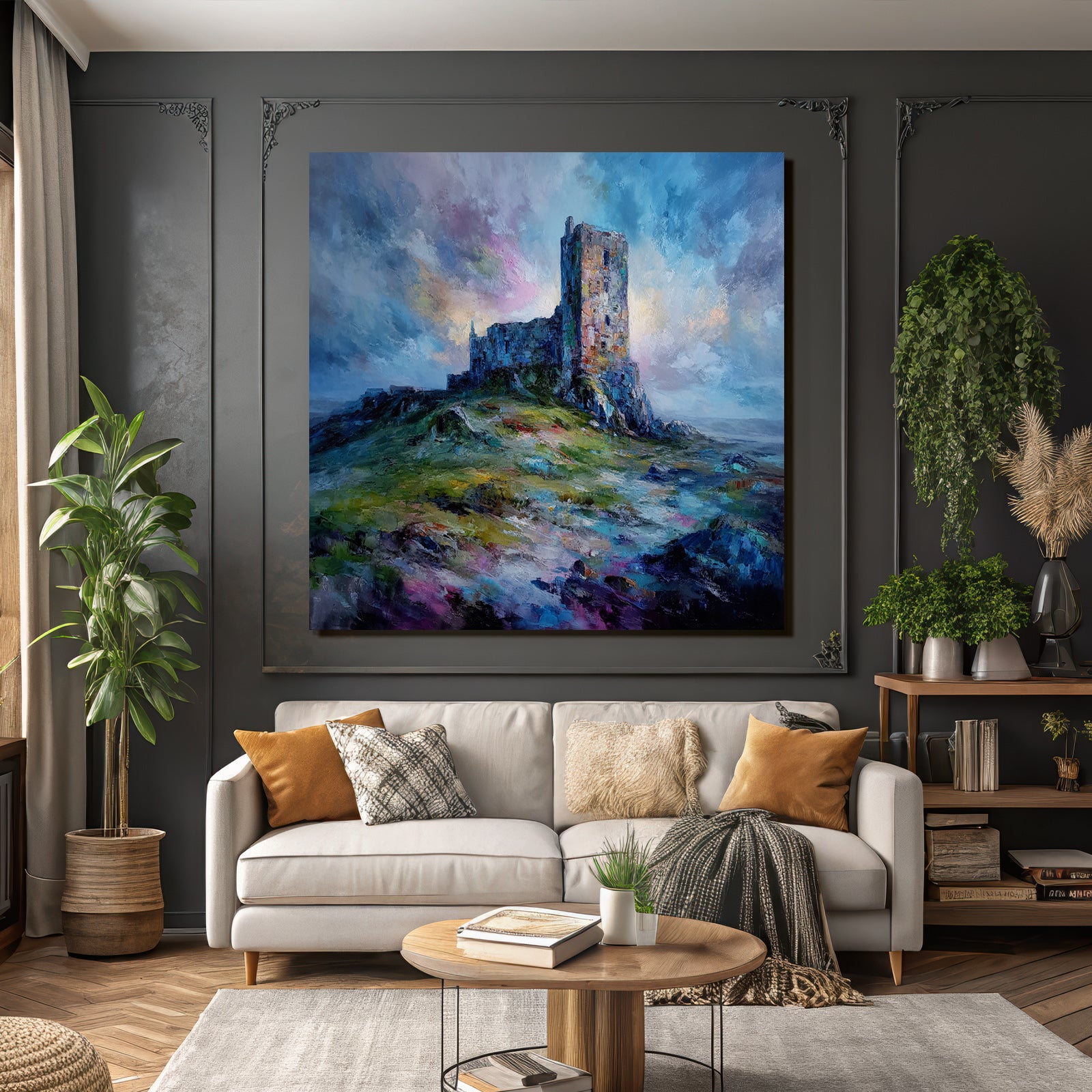 Alte Burgruine Impressionistisch Vor Farbenfrohem Himmel
