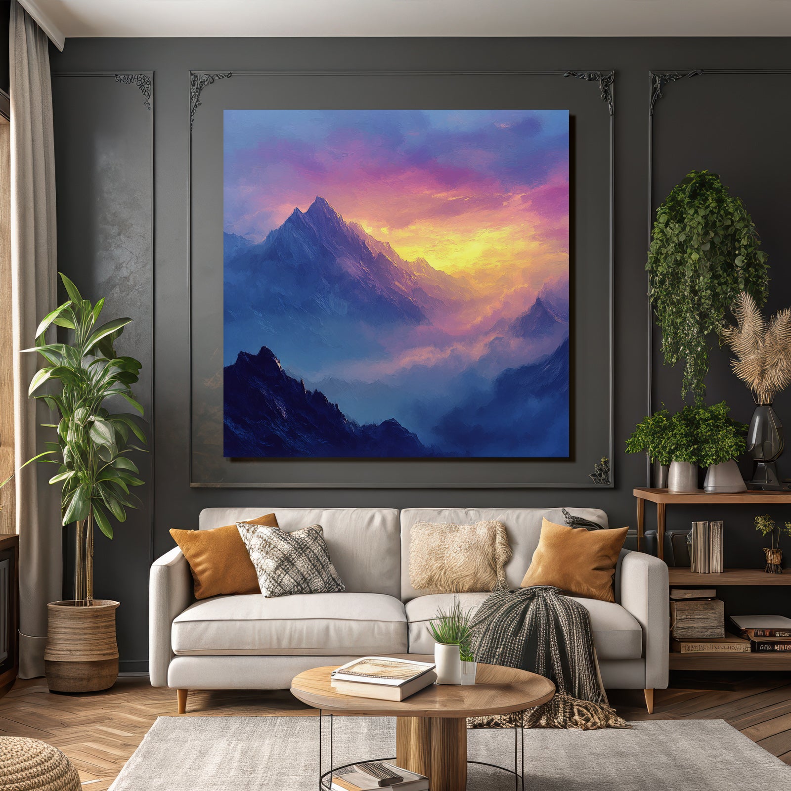 Berglandschaft Mit Nebel Und Sonnenaufgang In Leuchtenden Farben