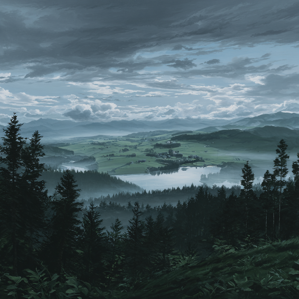 Berglandschaft Mit See Hügeln Und Wald | Nebel und Wetter | Natur