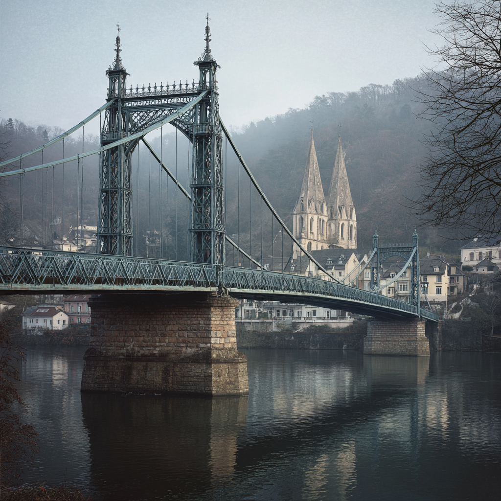 Brücke Mit Spiegelung Im Wasser Vor Historischer Kirchenkulisse | Nebel und Wetter | Natur