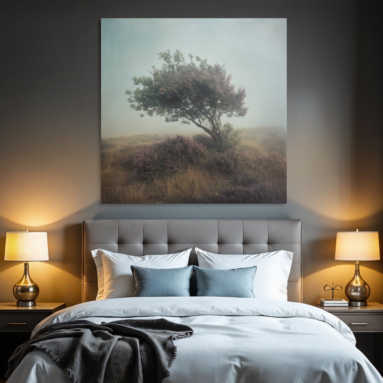 Einzelner Baum In Nebliger Heidelandschaft