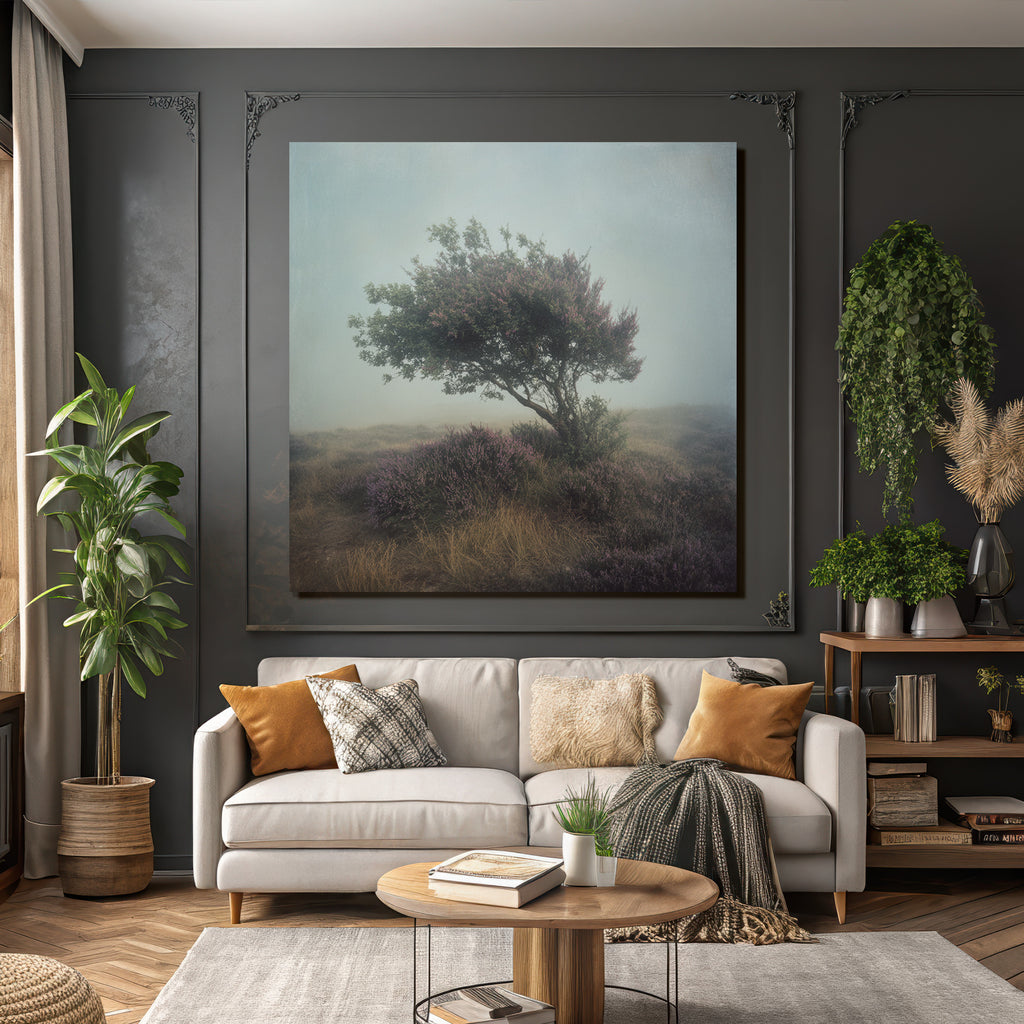 Einzelner Baum In Nebliger Heidelandschaft