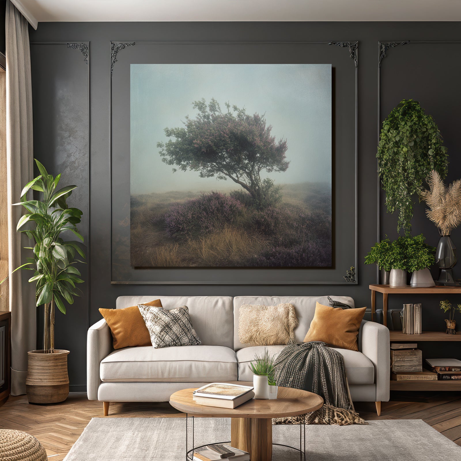 Einzelner Baum In Nebliger Heidelandschaft