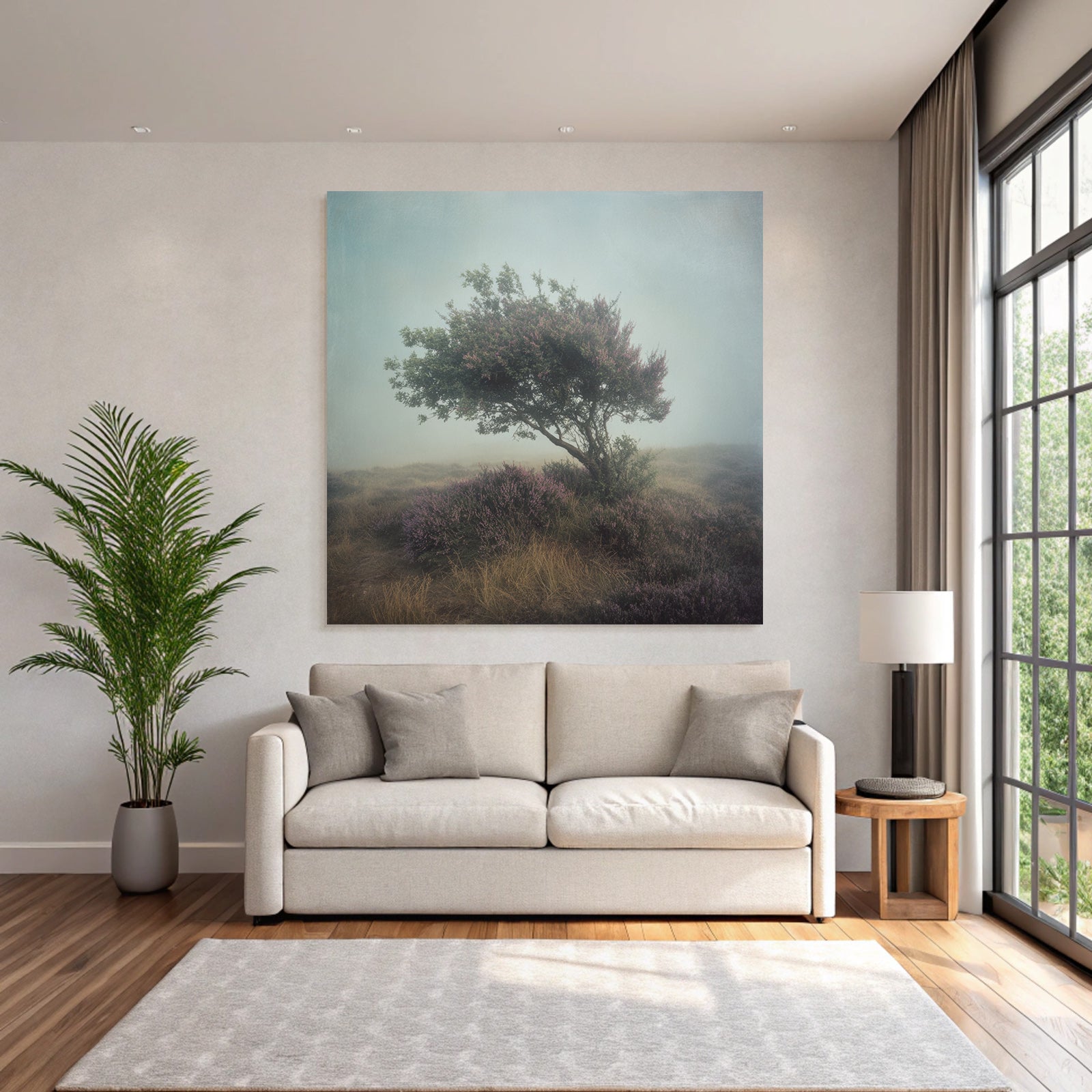 Einzelner Baum In Nebliger Heidelandschaft