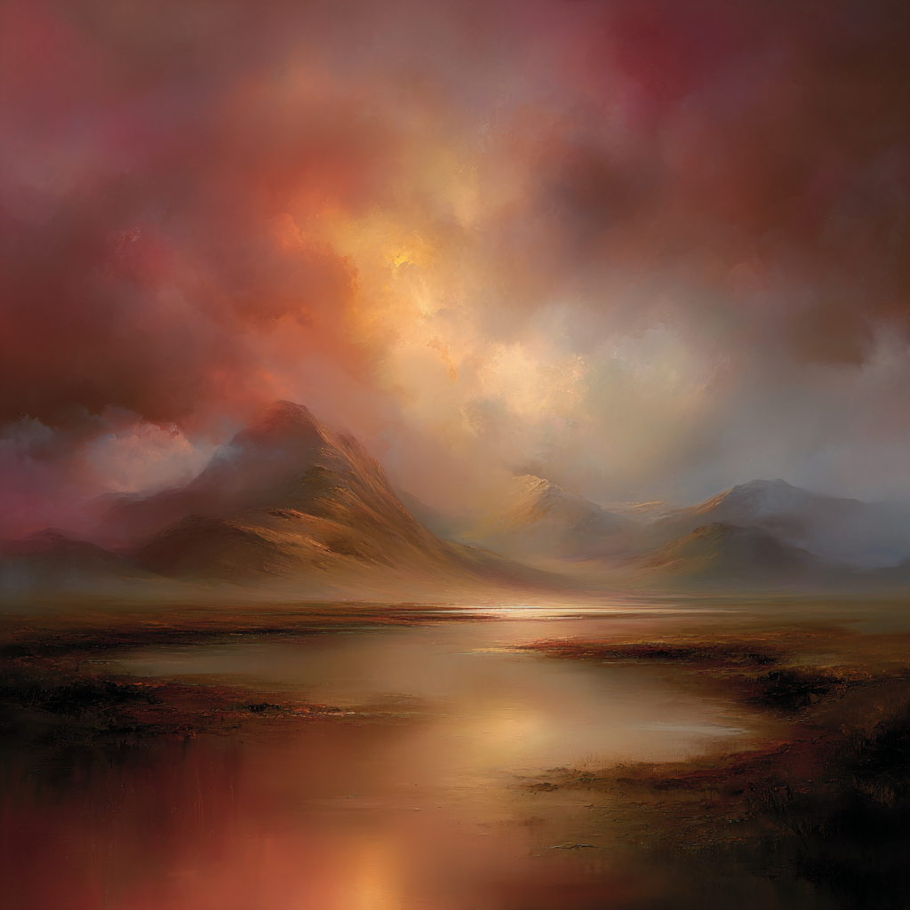 Gelassene Berglandschaft Mit See Im Sonnenuntergang | Nebel und Wetter | Natur
