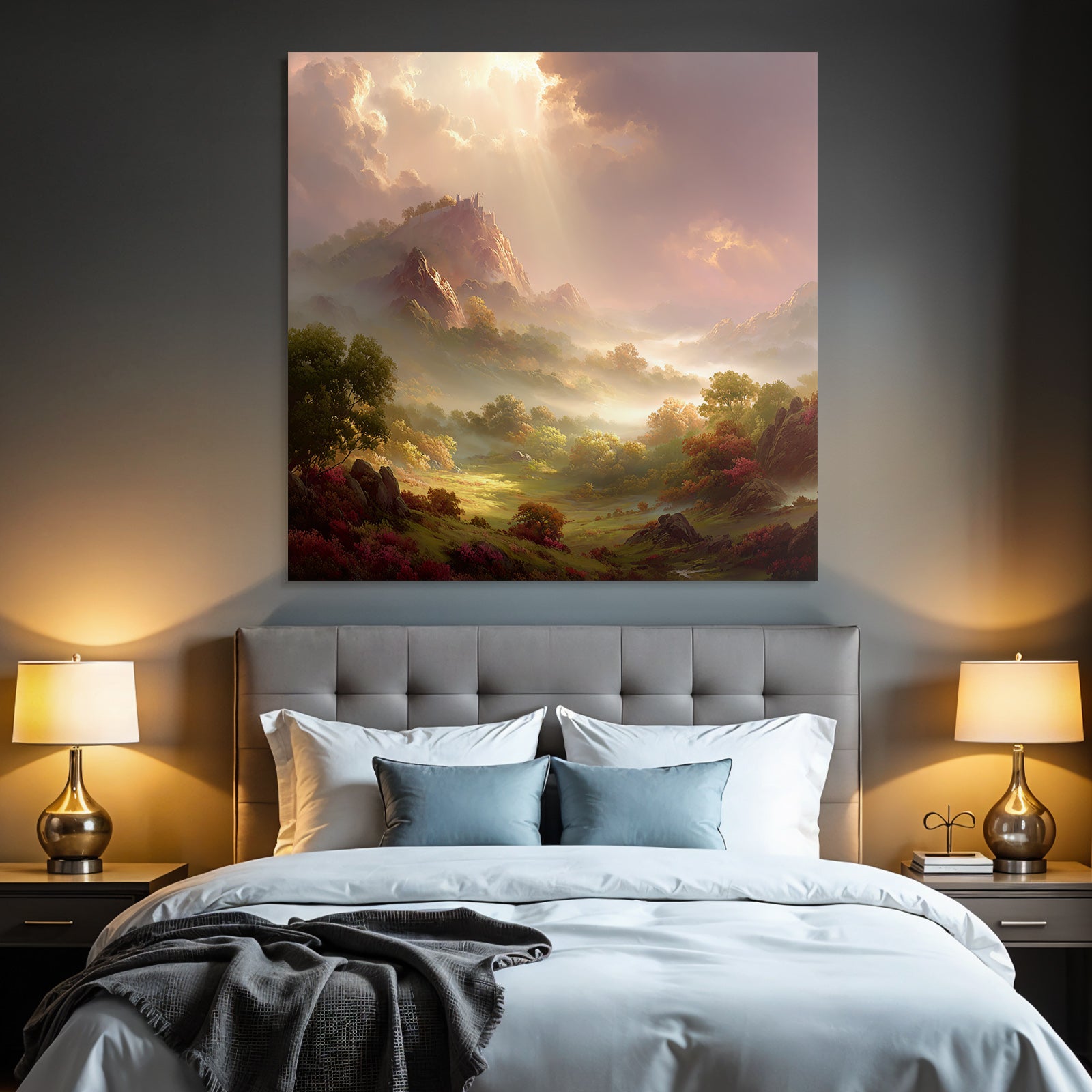 Idyllische Landschaft Mit Burgruinen Und Lichtdurchfluteten Wolken
