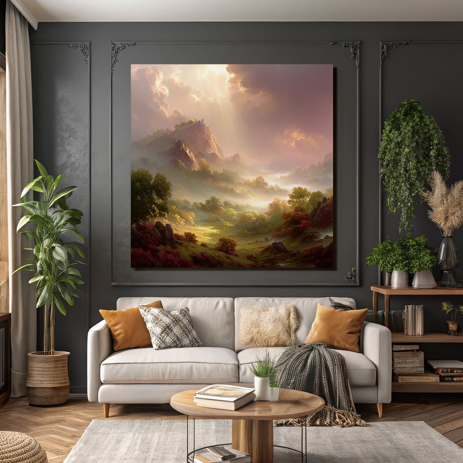 Idyllische Landschaft Mit Burgruinen Und Lichtdurchfluteten Wolken