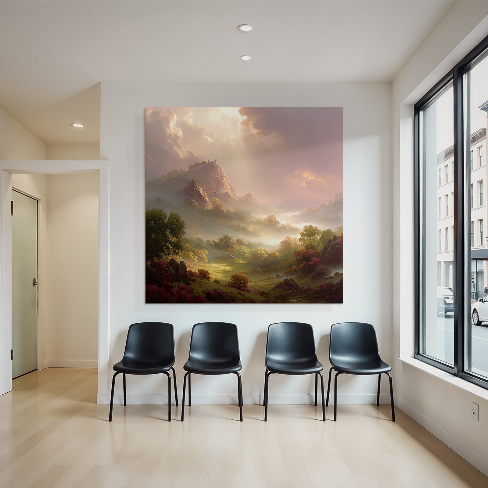 Idyllische Landschaft Mit Burgruinen Und Lichtdurchfluteten Wolken
