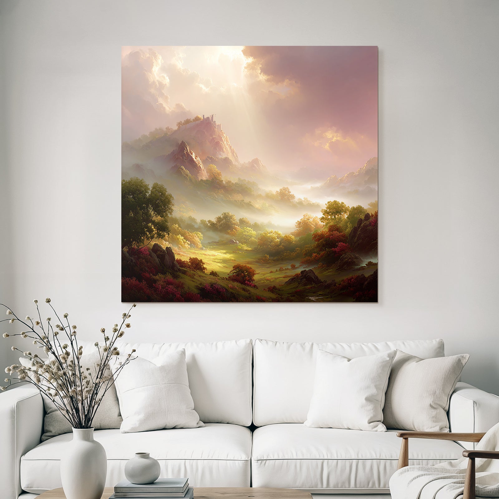 Idyllische Landschaft Mit Burgruinen Und Lichtdurchfluteten Wolken