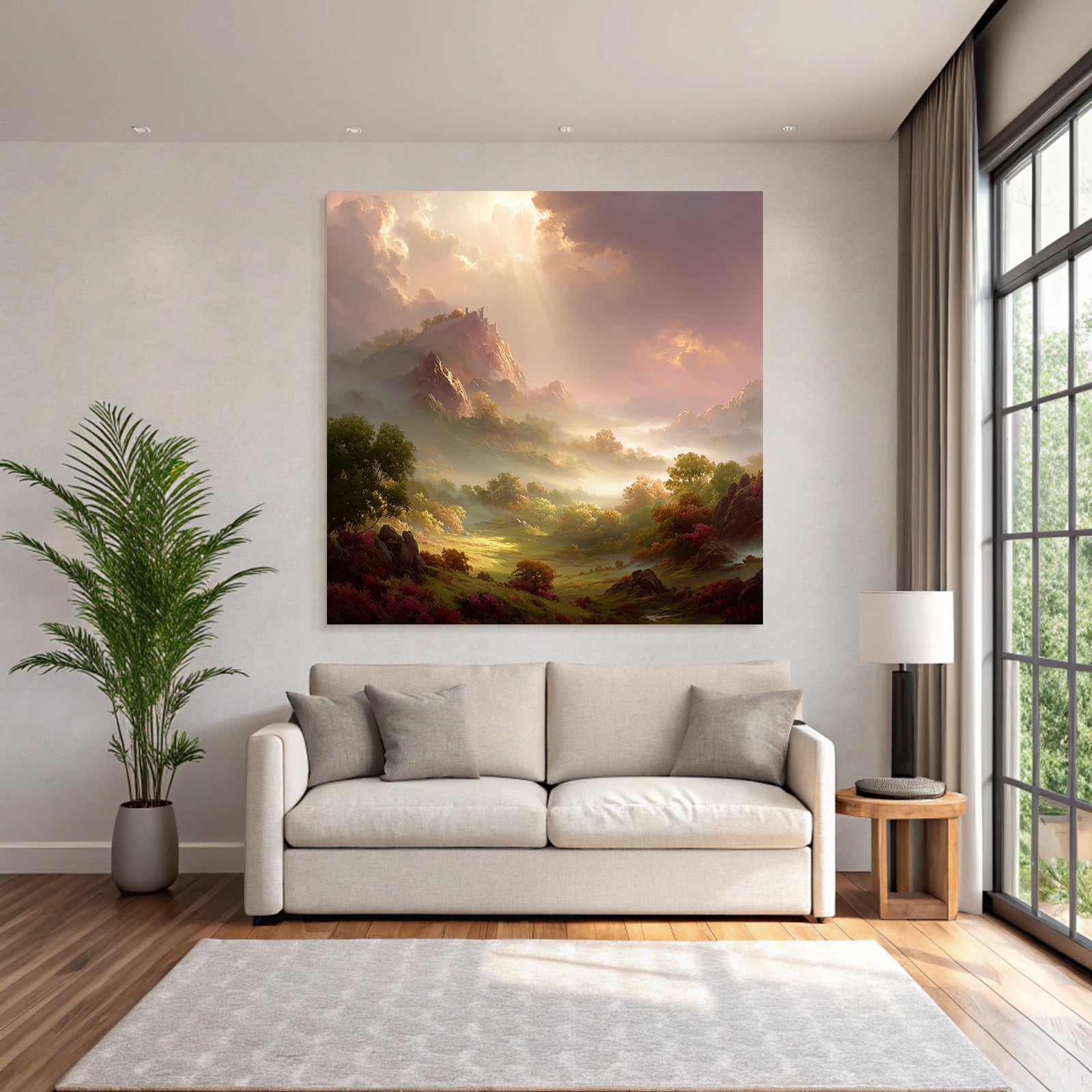 Idyllische Landschaft Mit Burgruinen Und Lichtdurchfluteten Wolken