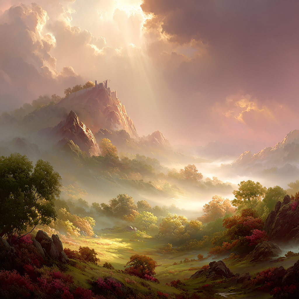 Idyllische Landschaft Mit Burgruinen Und Lichtdurchfluteten Wolken | Nebel und Wetter | Natur