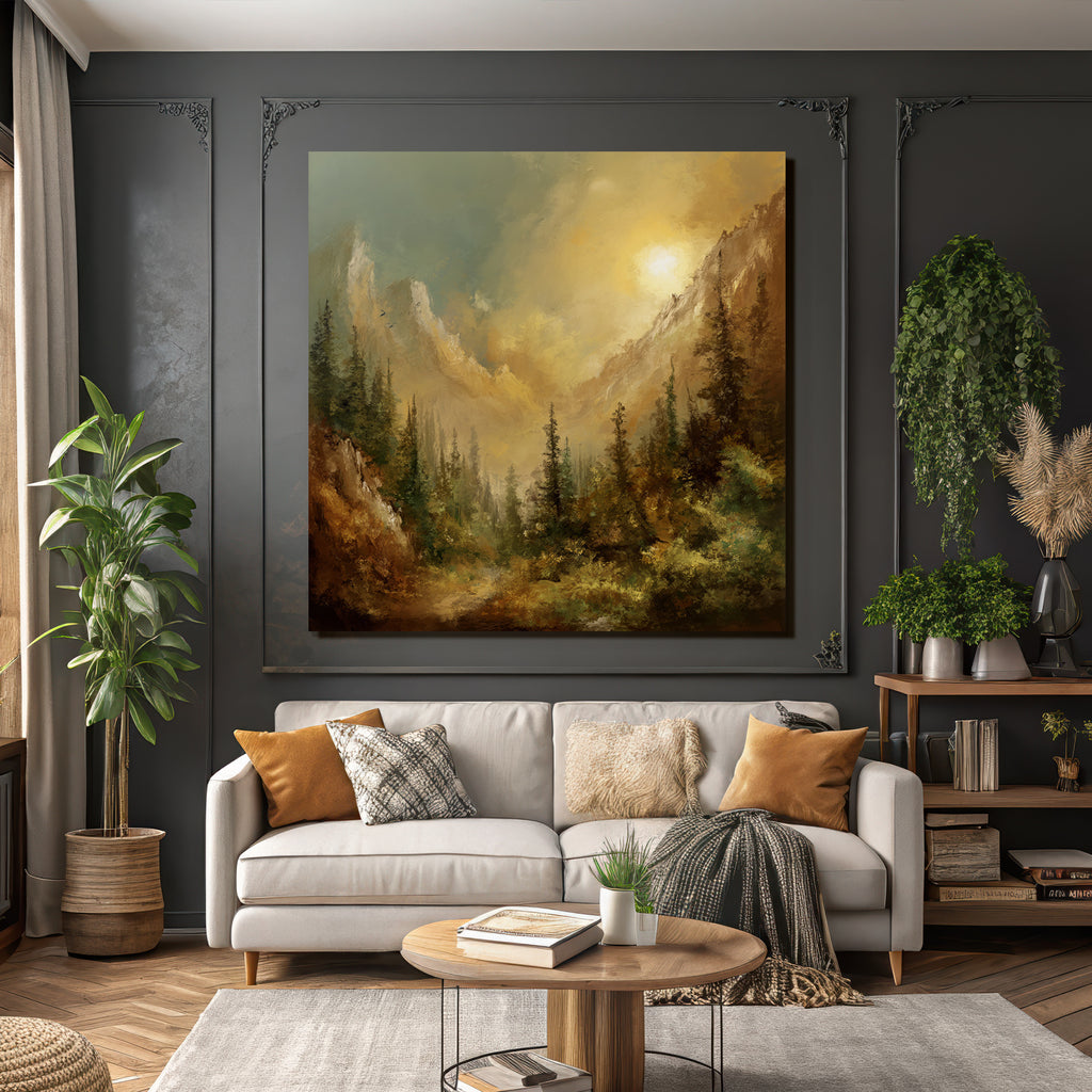 Impressionistische Berglandschaft Mit Hohen Bäumen Und Dramatischem Himmel