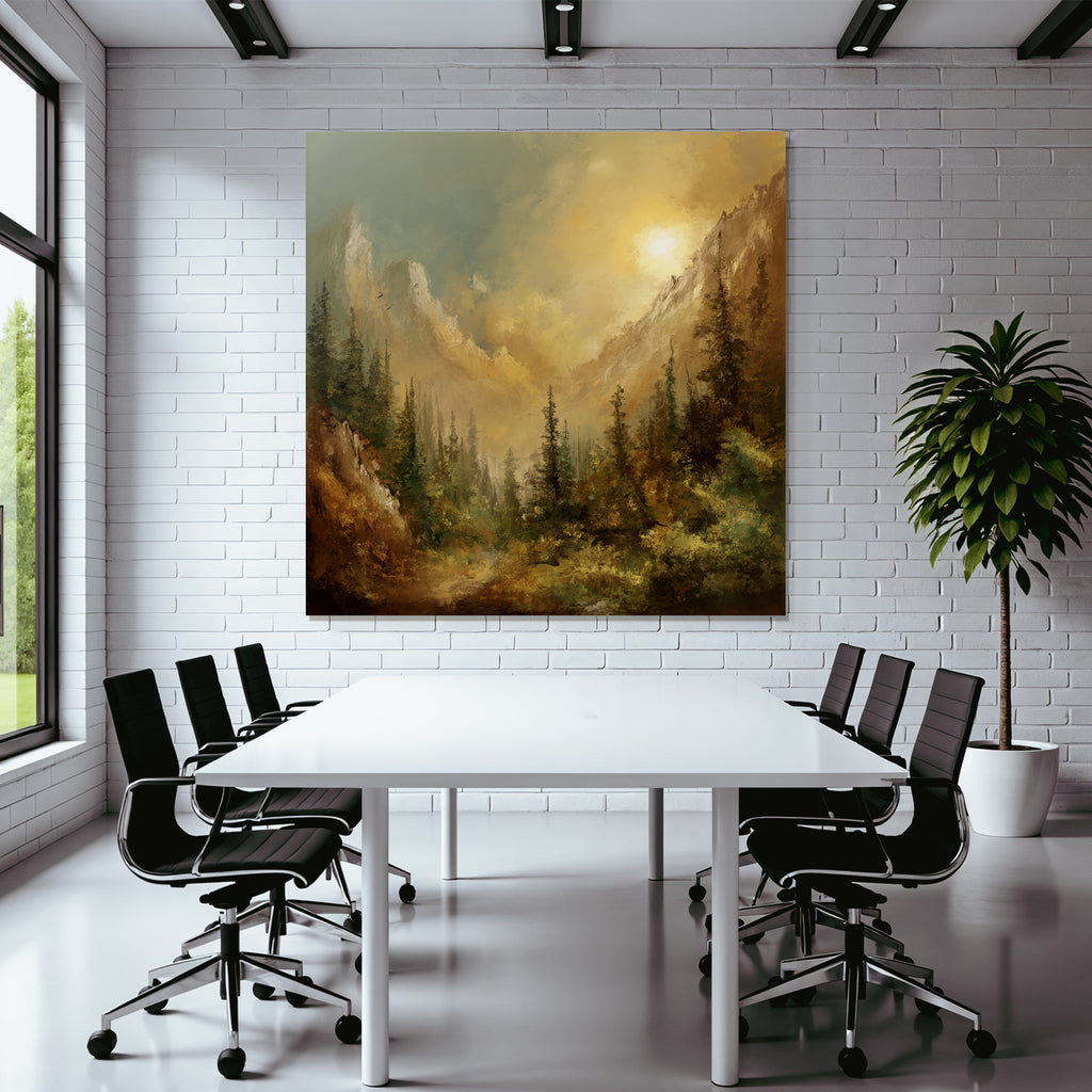 Impressionistische Berglandschaft Mit Hohen Bäumen Und Dramatischem Himmel