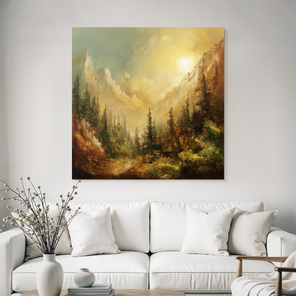 Impressionistische Berglandschaft Mit Hohen Bäumen Und Dramatischem Himmel