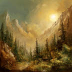 Impressionistische Berglandschaft Mit Hohen Bäumen Und Dramatischem Himmel | Nebel und Wetter | Natur