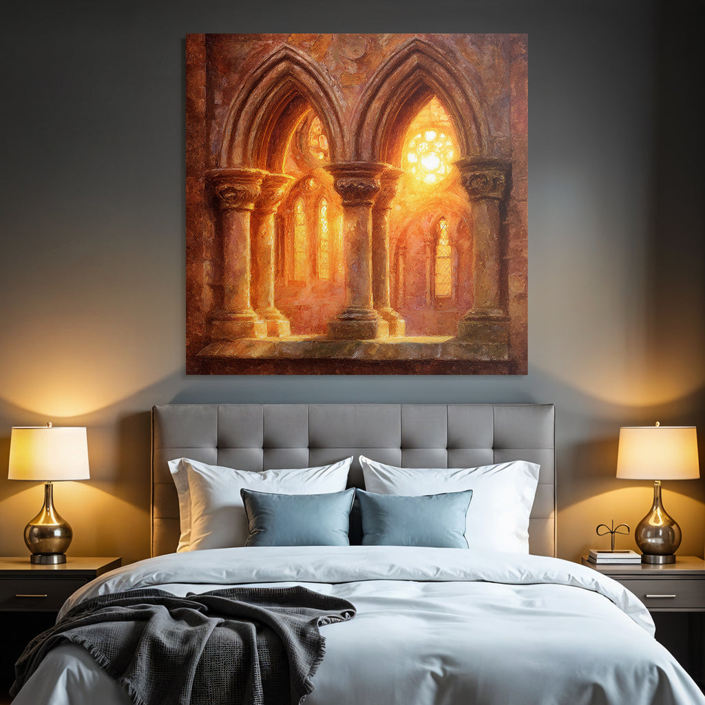 Innenraum Gotische Kathedrale Mit Buntverglasung Und Goldenem Licht