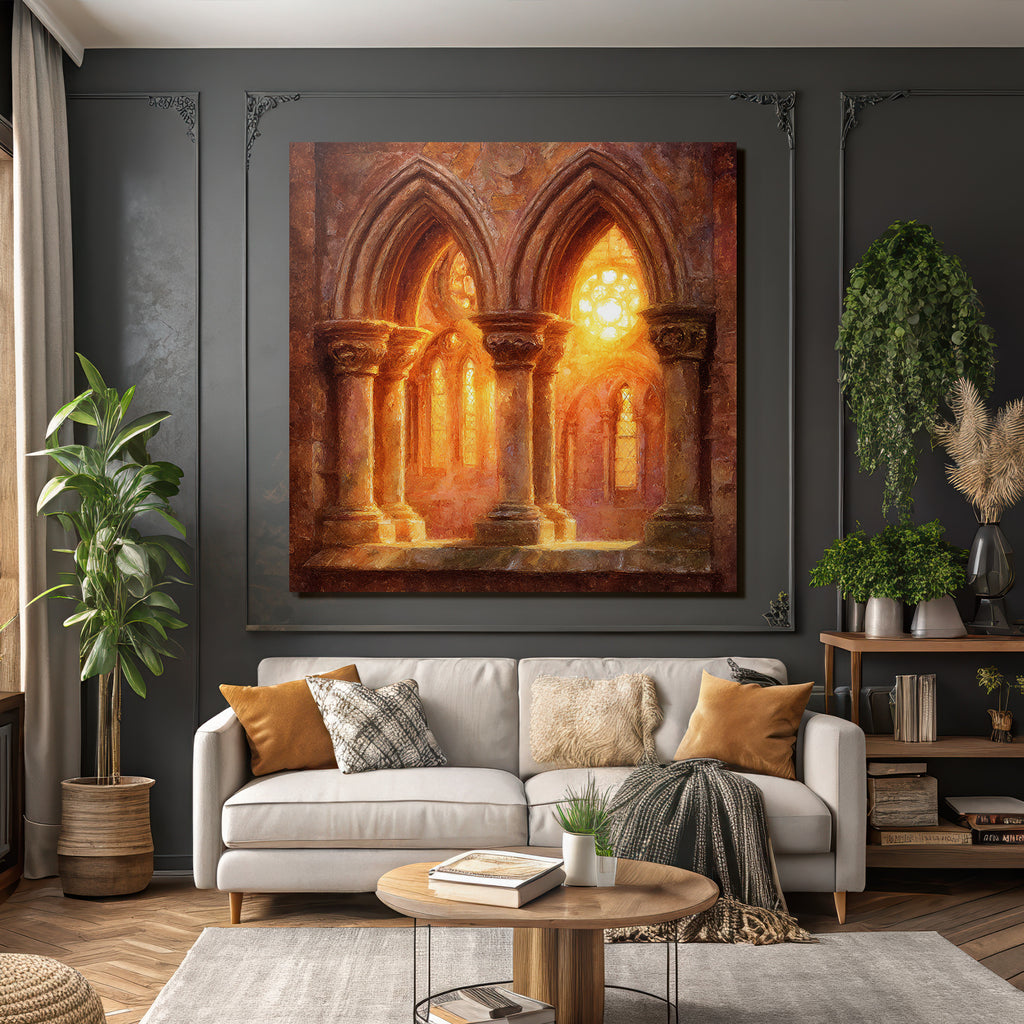 Innenraum Gotische Kathedrale Mit Buntverglasung Und Goldenem Licht