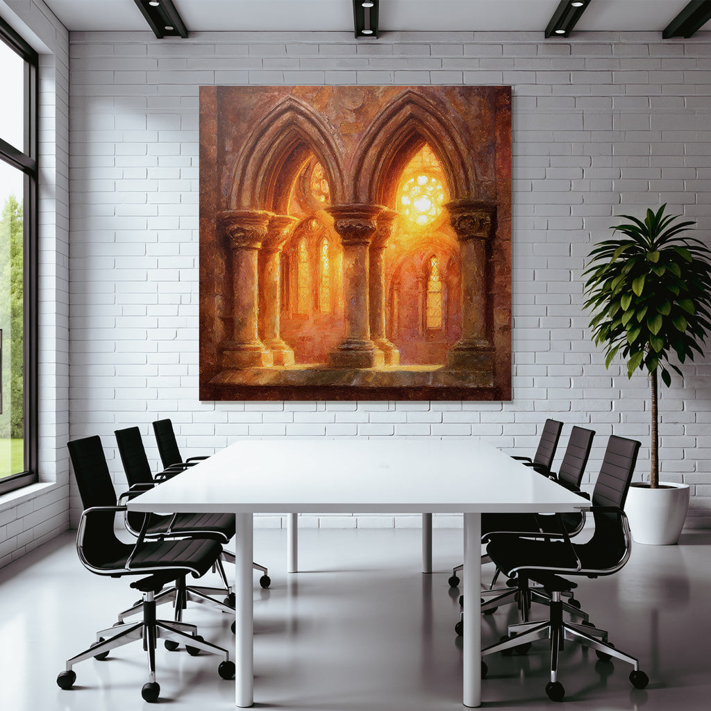 Innenraum Gotische Kathedrale Mit Buntverglasung Und Goldenem Licht