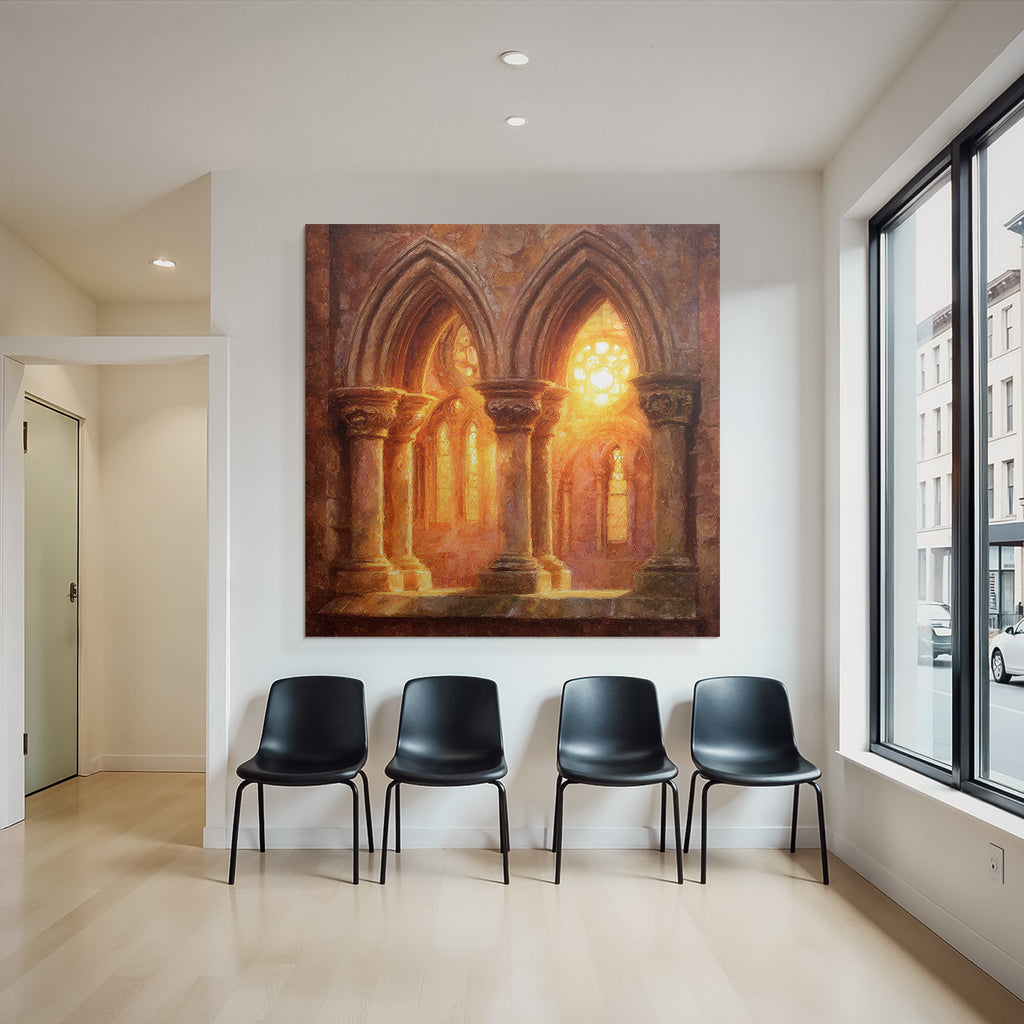Innenraum Gotische Kathedrale Mit Buntverglasung Und Goldenem Licht