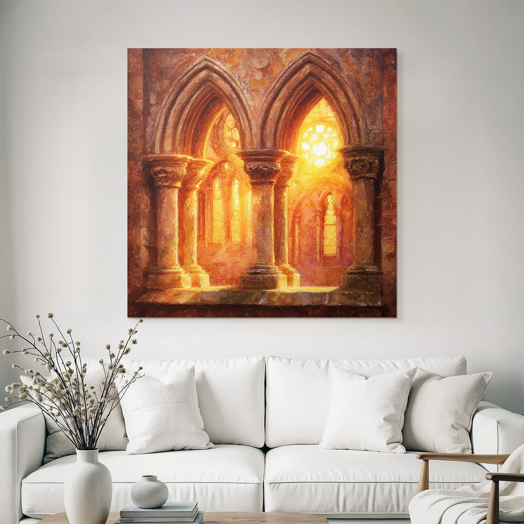 Innenraum Gotische Kathedrale Mit Buntverglasung Und Goldenem Licht