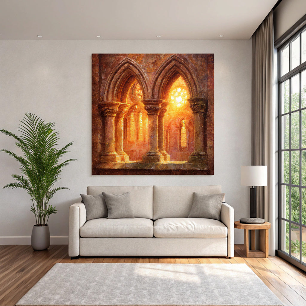 Innenraum Gotische Kathedrale Mit Buntverglasung Und Goldenem Licht