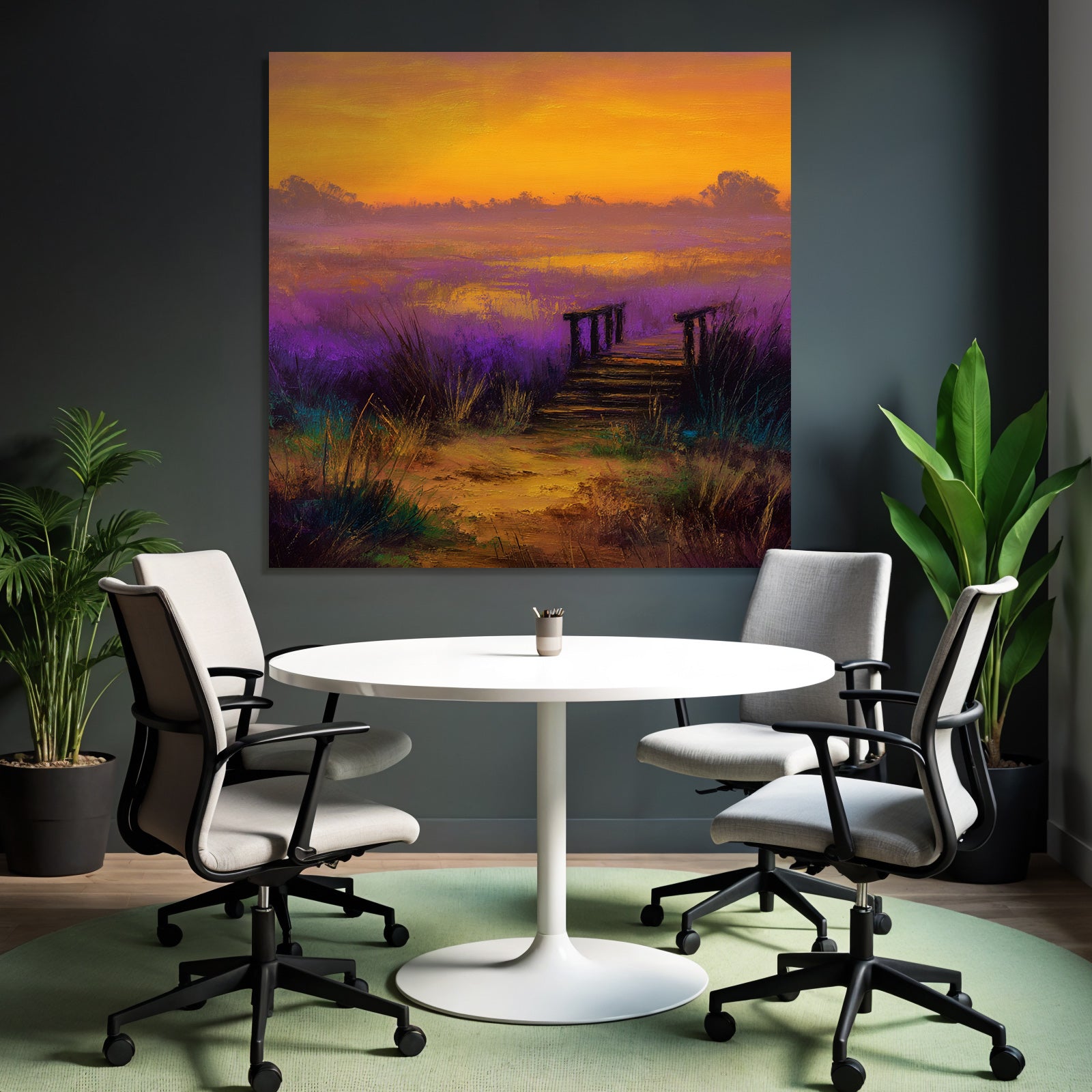 Landschaftspfad Zur Holzbrucke Bei Farbenfrohem Sonnenuntergang
