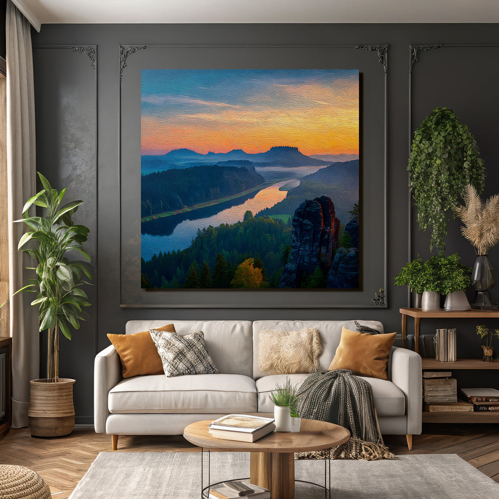 Malerische Abendlandschaft Mit Fluss Und Wald