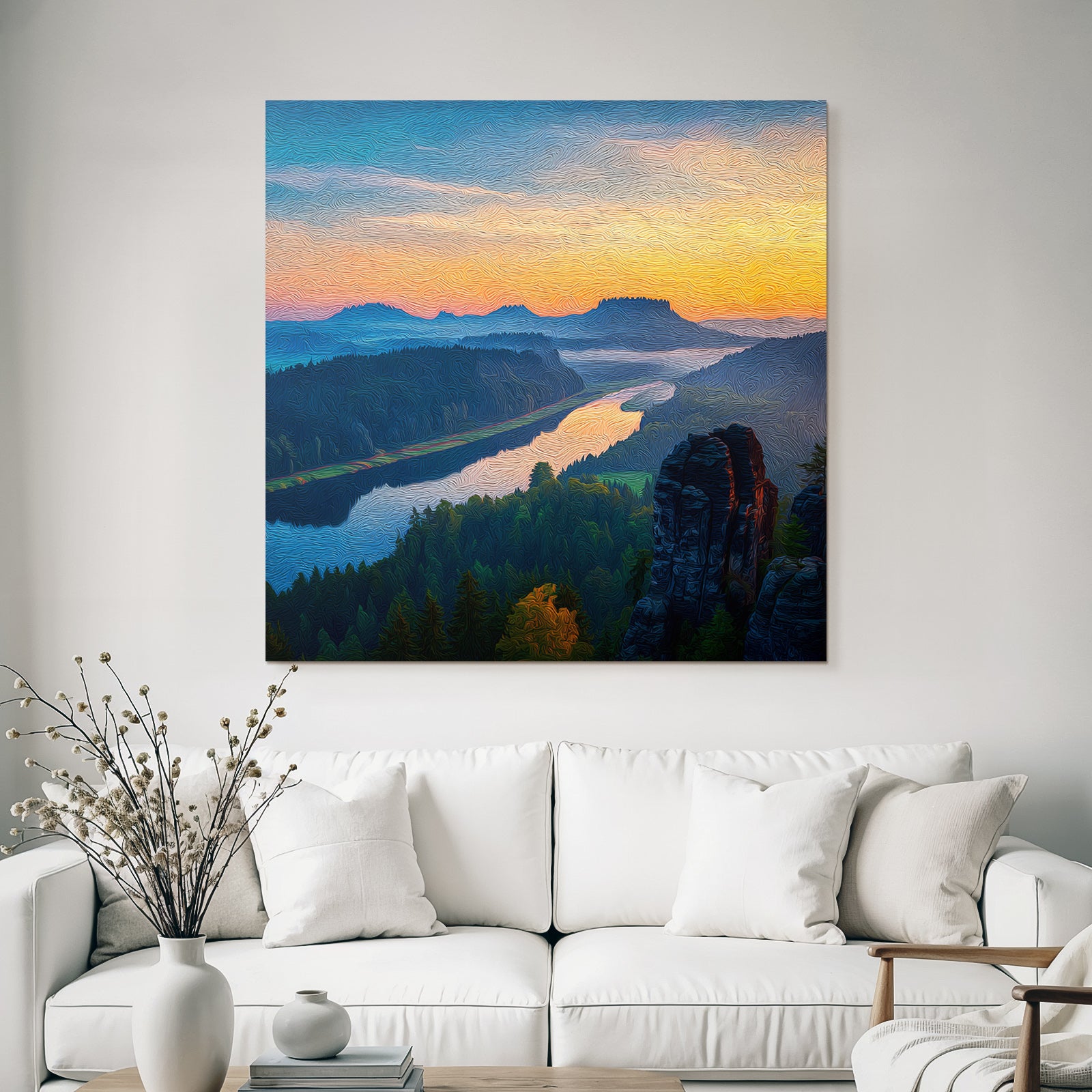 Malerische Abendlandschaft Mit Fluss Und Wald