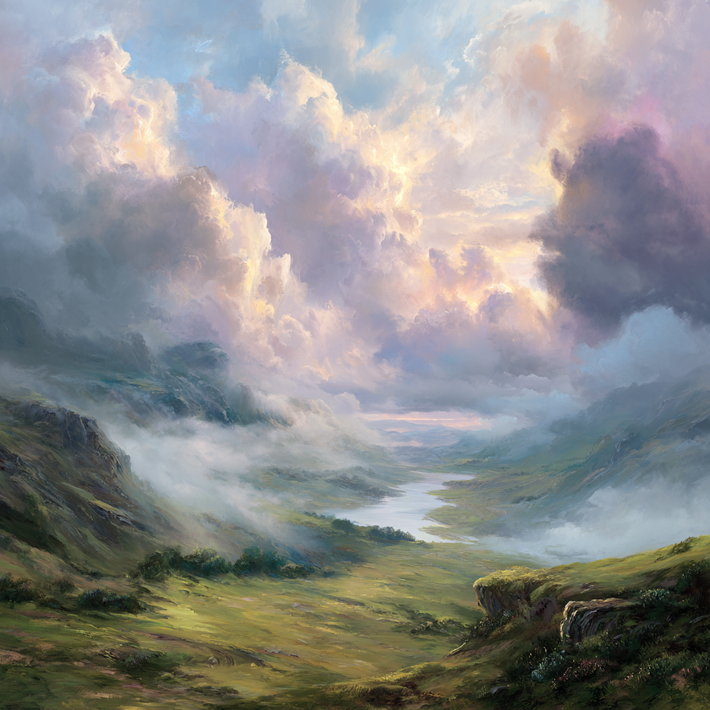 Malerische Landschaft Mit Fluss Und Farbenfrohem Himmel | Nebel und Wetter | Natur
