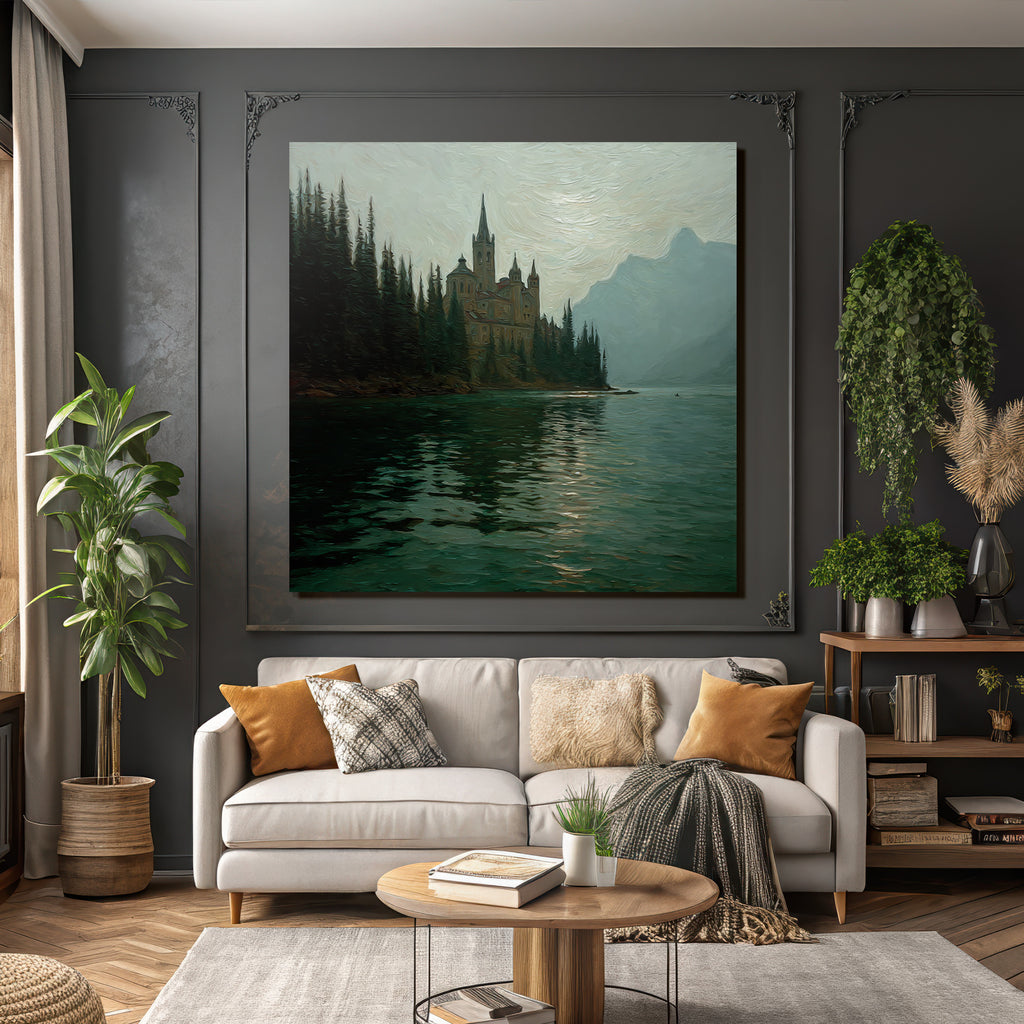 Malerische Schlosslandschaft Im Nebel Mit Reflektion